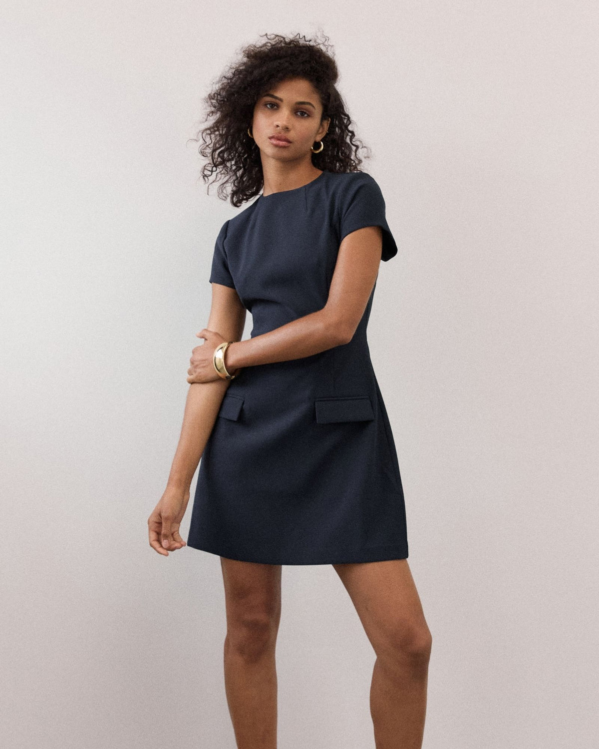 Hannah Tailored Mini Dress in navy — close-up view 2
