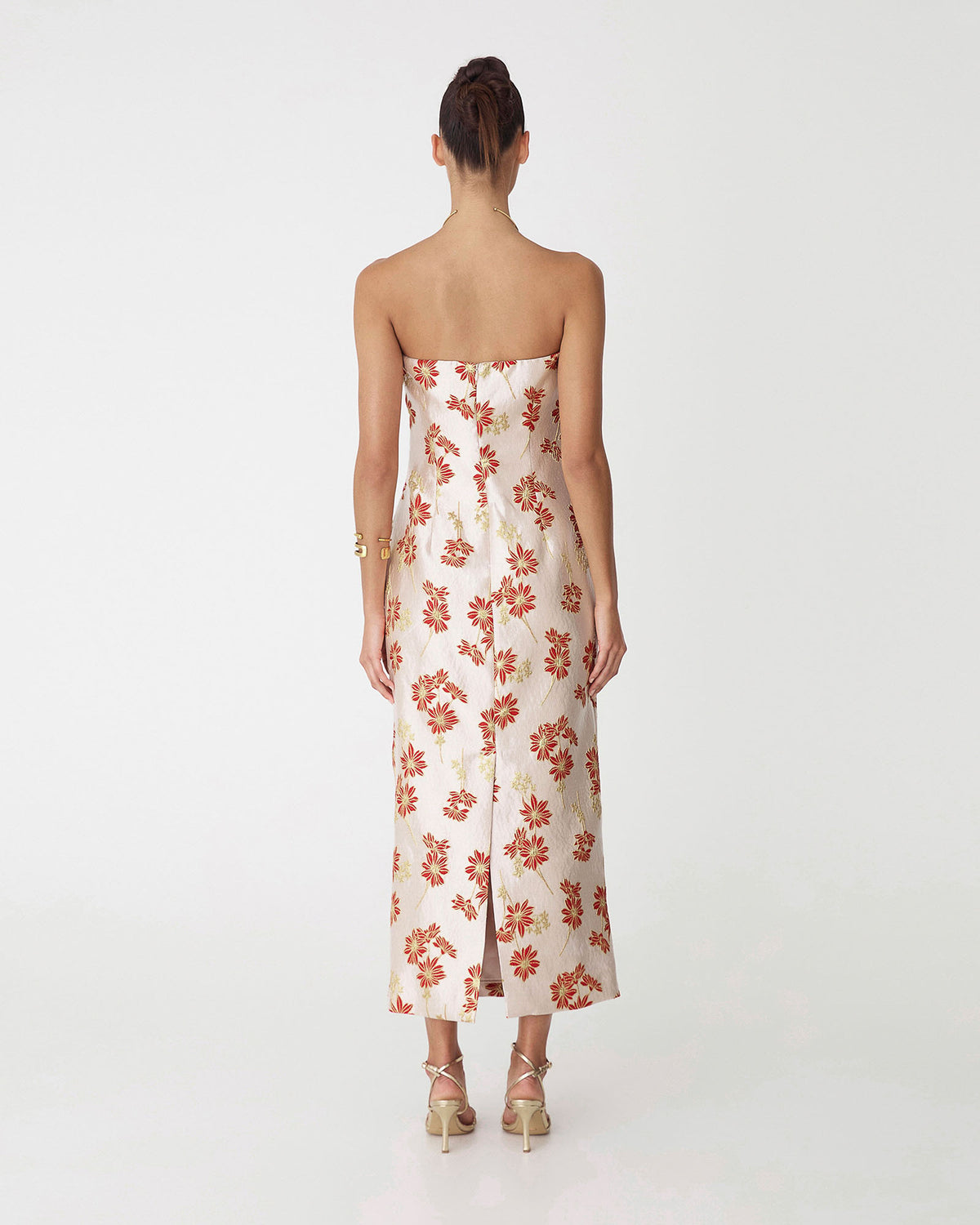 Priya Strapless Column Dress in red daisy — back view