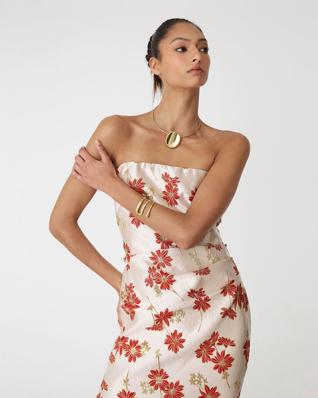 Priya Strapless Column Dress in red daisy — close-up view