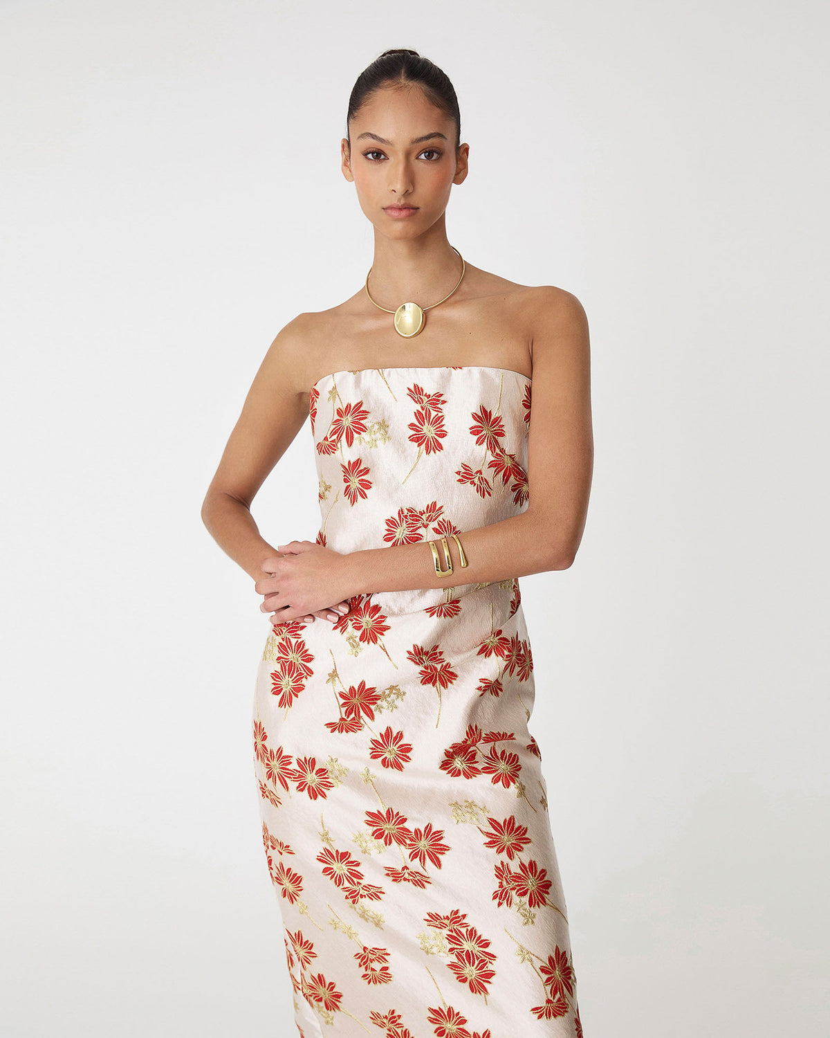Priya Strapless Column Dress in red daisy — close-up view 2