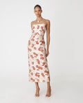 Priya Strapless Column Dress in red daisy — full-length view