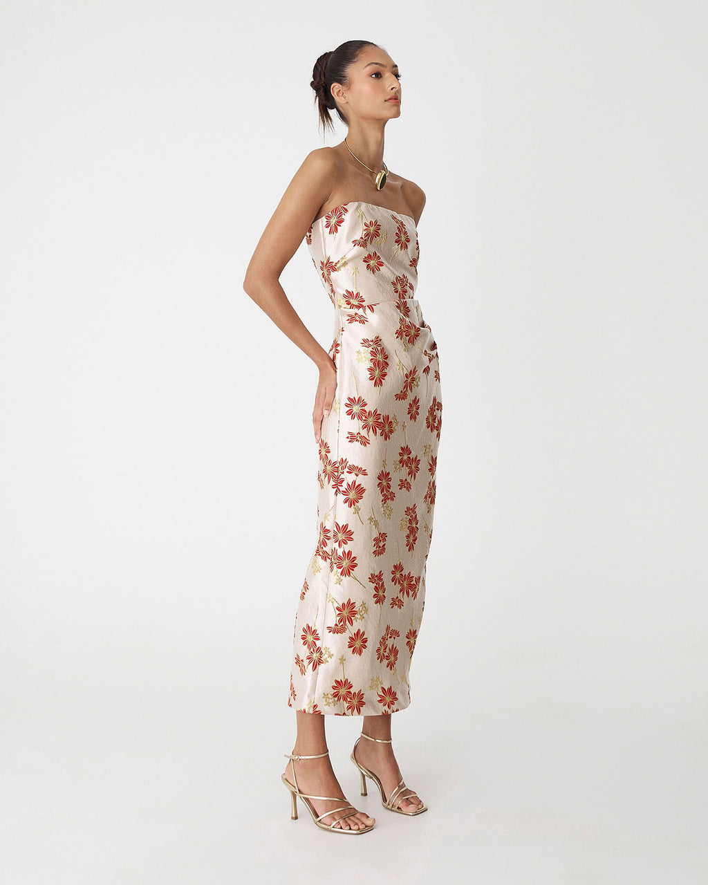 Priya Strapless Column Dress in red daisy — side view