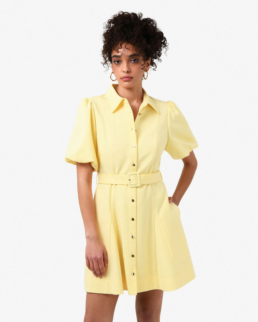 Amera Belted Mini Dress in banana — close-up view