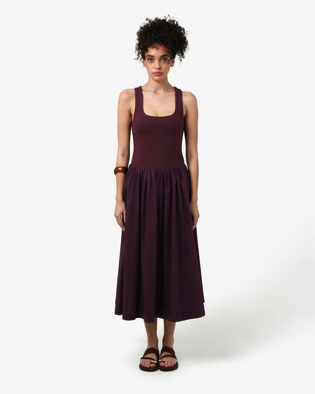 Soho Knit & Poplin Midi Dress in aubergine — full-length view