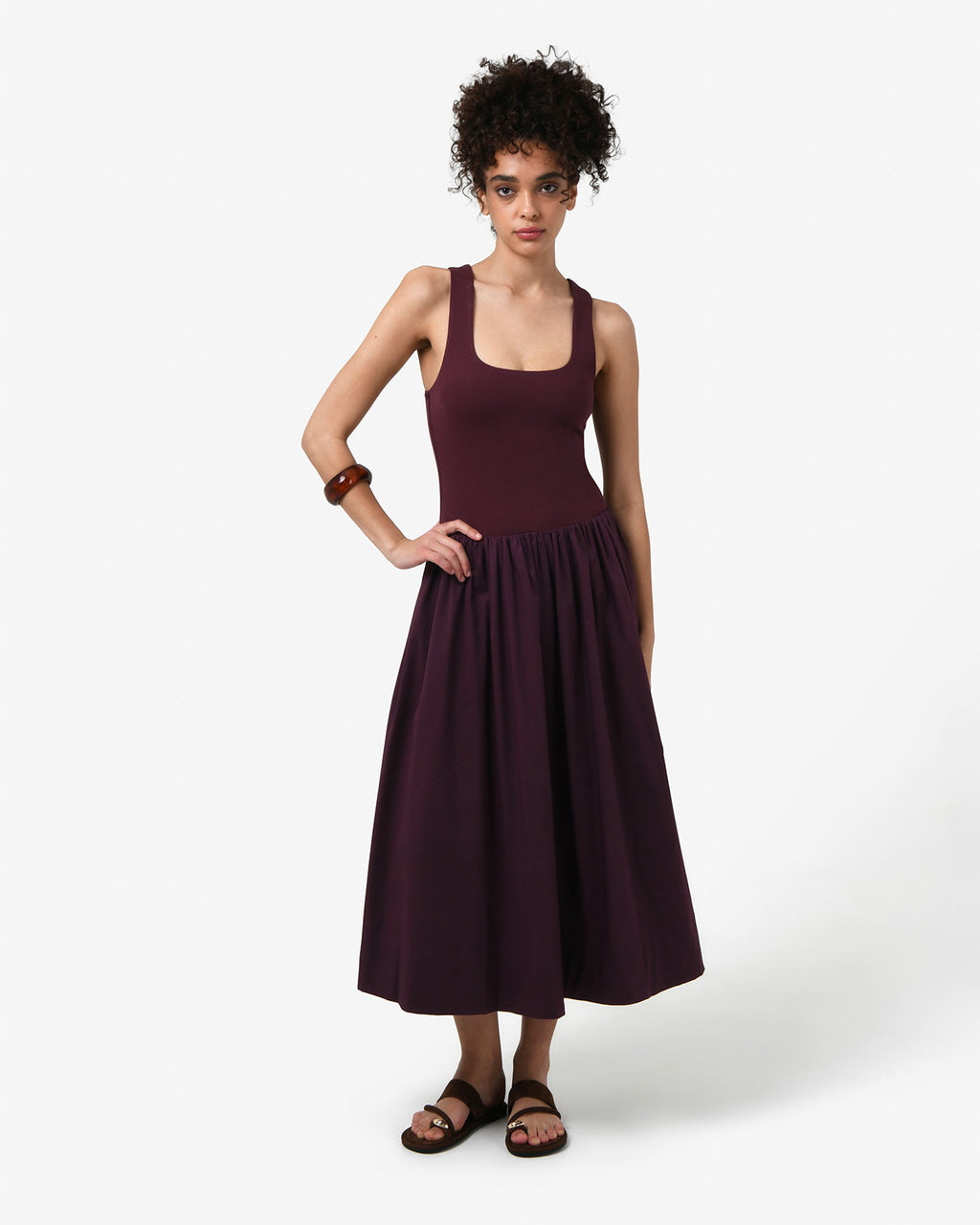 Soho Knit & Poplin Midi Dress in aubergine — full-length view 2