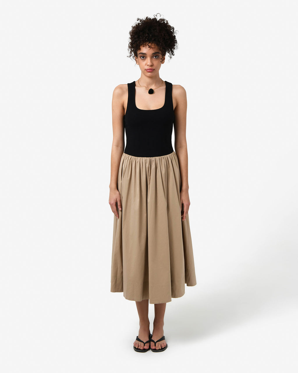 Soho Knit & Poplin Midi Dress in black camel — full-length view