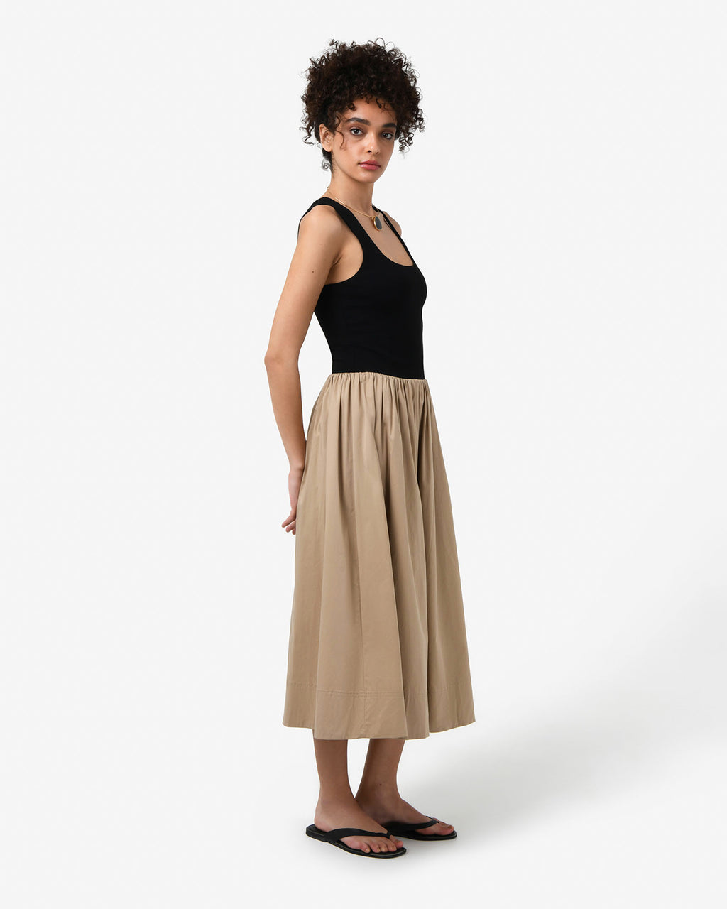Soho Knit & Poplin Midi Dress in black camel — side view