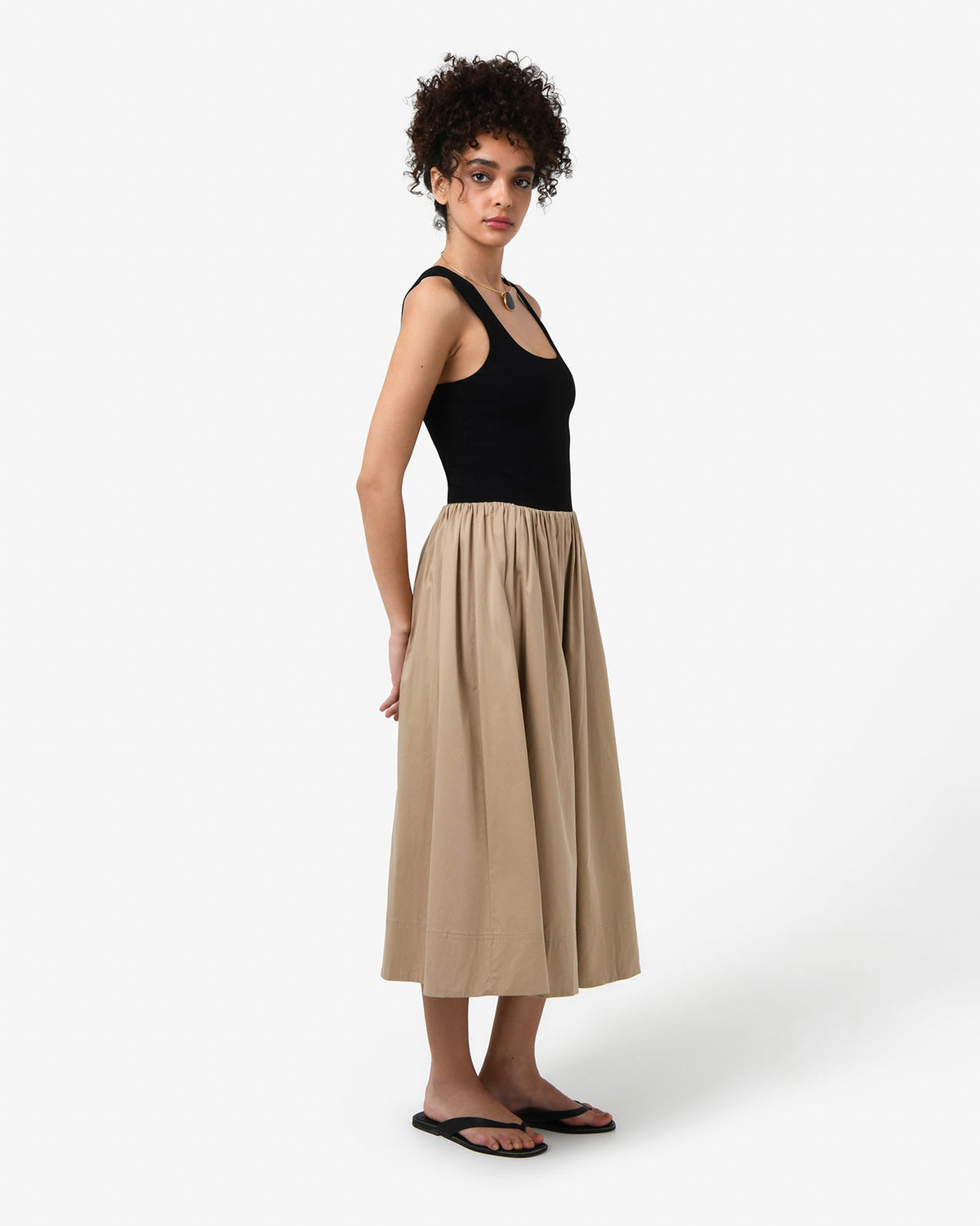 Soho Knit & Poplin Midi Dress in black camel — side view