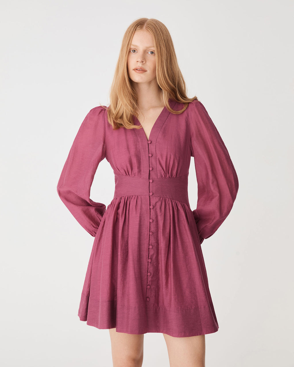 Paloma V-Neck Mini Dress in berry — close-up view