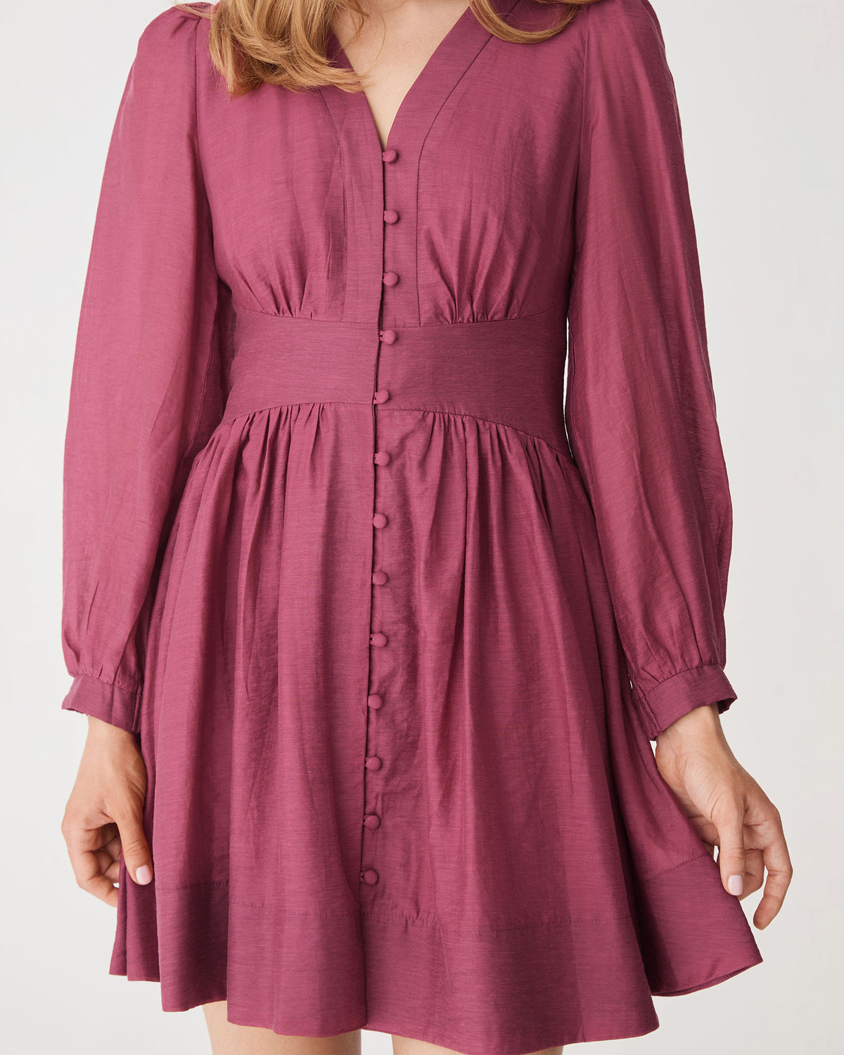 Paloma V-Neck Mini Dress in berry — close-up view 2