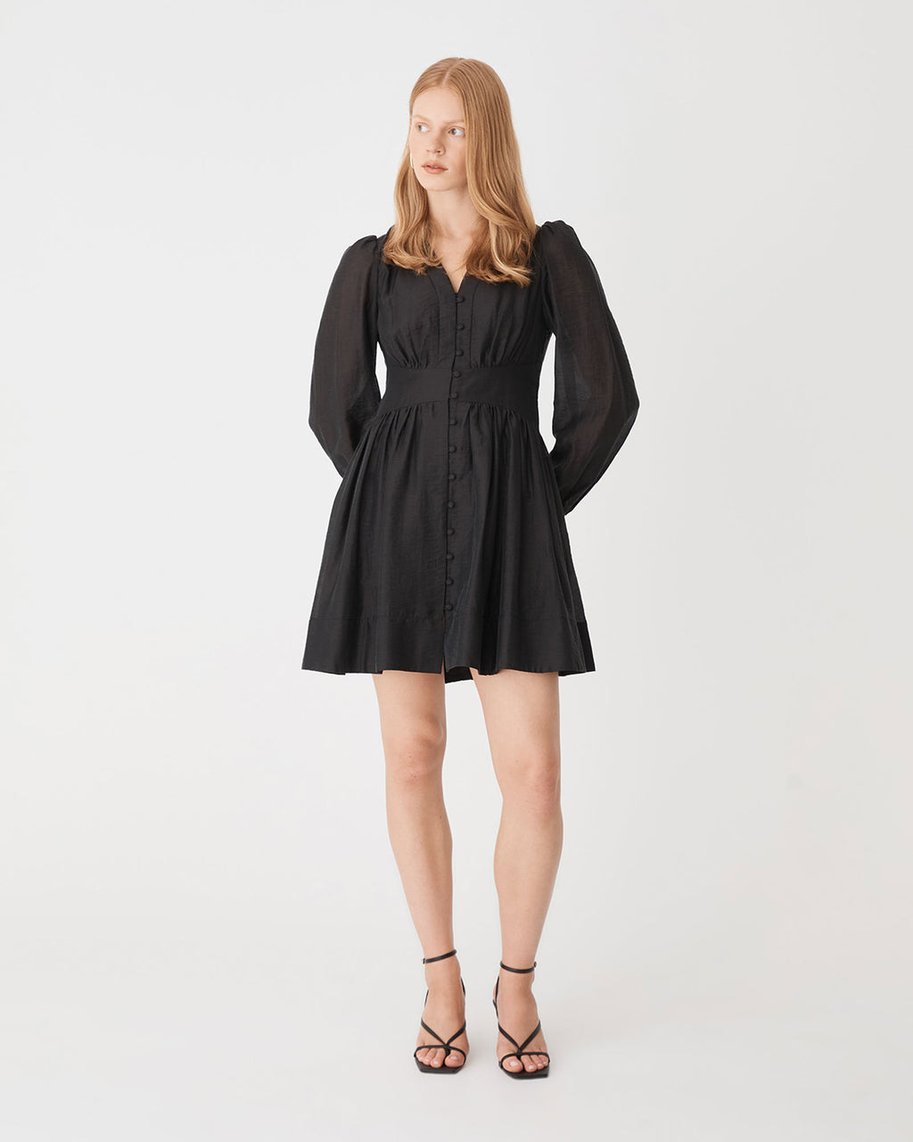 Paloma V-Neck Mini Dress in black — full-length view