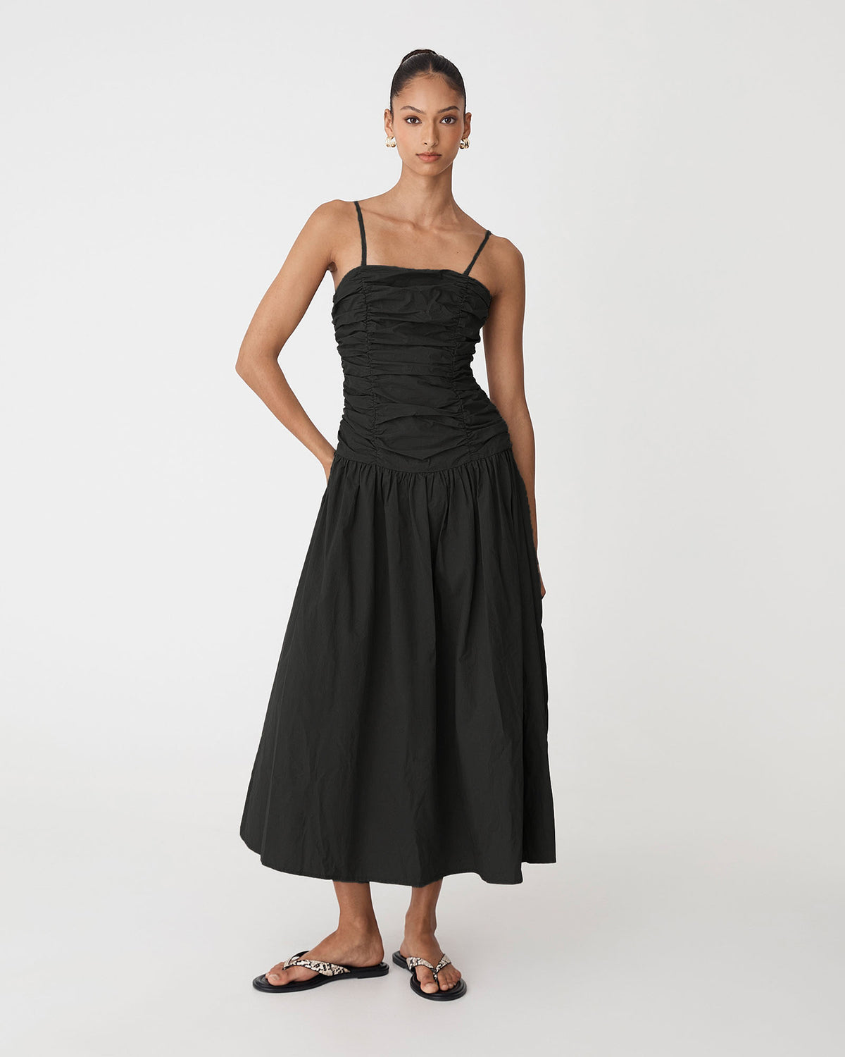 Cathy Cotton Modal Midi Dress in black — full-length view