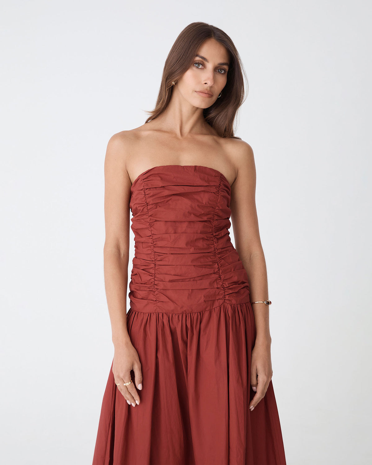 Cathy Cotton Modal Midi Dress in brick — close-up view
