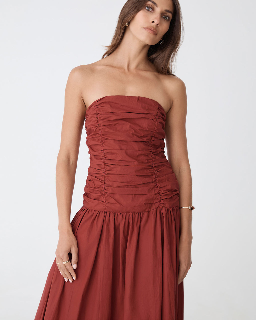 Cathy Cotton Modal Midi Dress in brick — close-up view 2