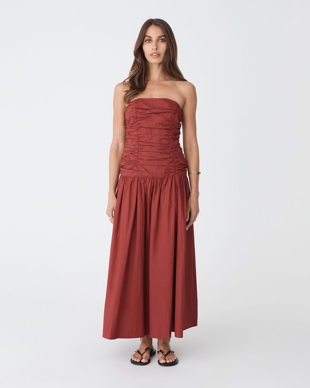 Cathy Cotton Modal Midi Dress in brick — full-length view
