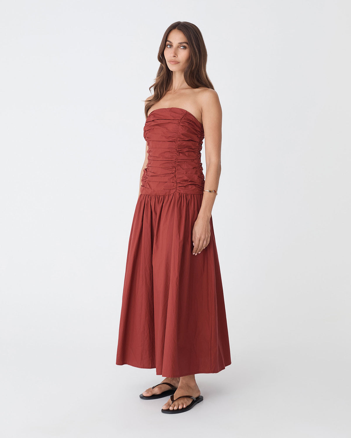 Cathy Cotton Modal Midi Dress in brick — side view