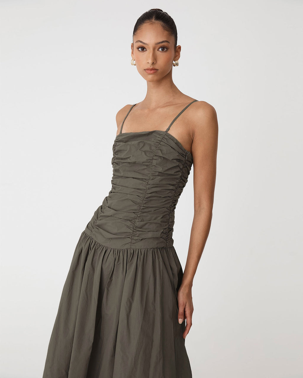 Cathy Cotton Modal Midi Dress in khaki — close-up view 2