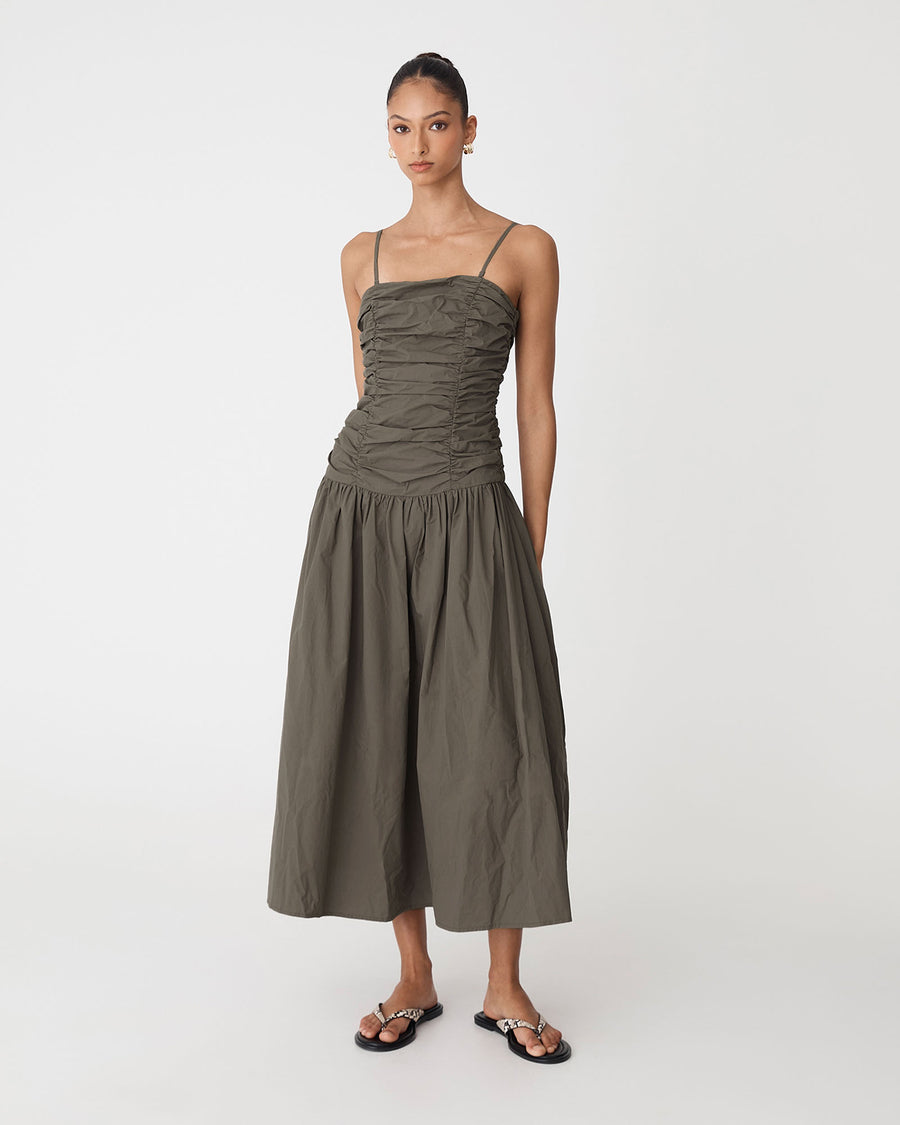 Cathy Cotton Modal Midi Dress in khaki — full-length view