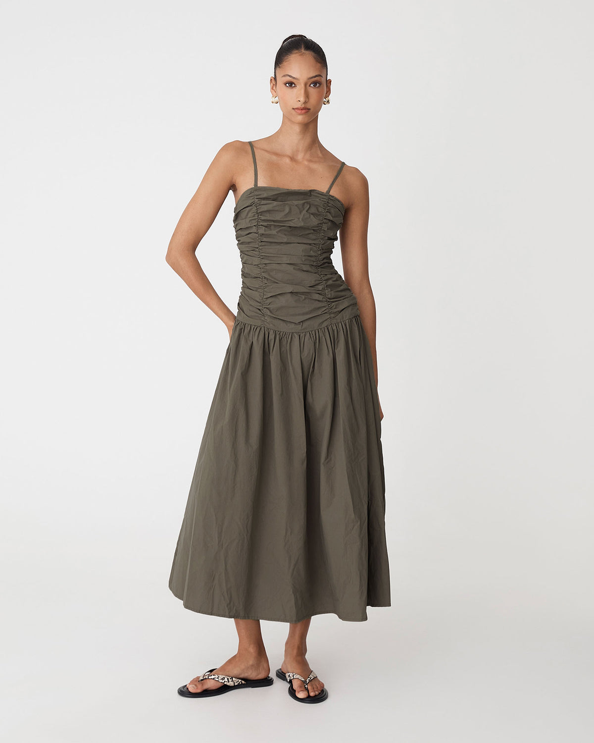 Cathy Cotton Modal Midi Dress in khaki — full-length view 2
