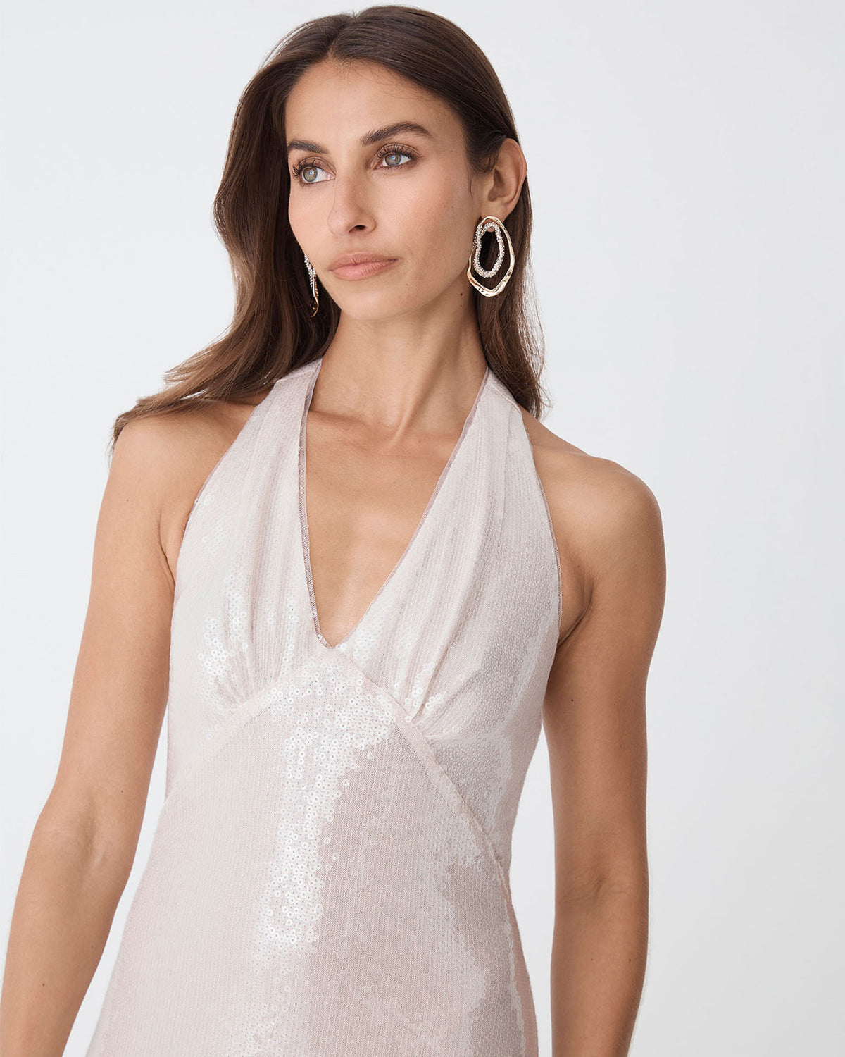 Ariana Sequin Halter Dress in shell — fabric detail