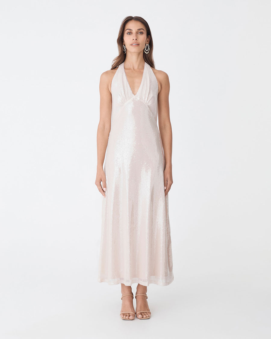 Ariana Sequin Halter Dress in shell — full-length view