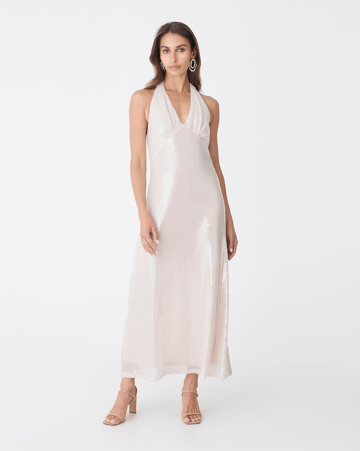 Ariana Sequin Halter Dress in shell — full-length view 2