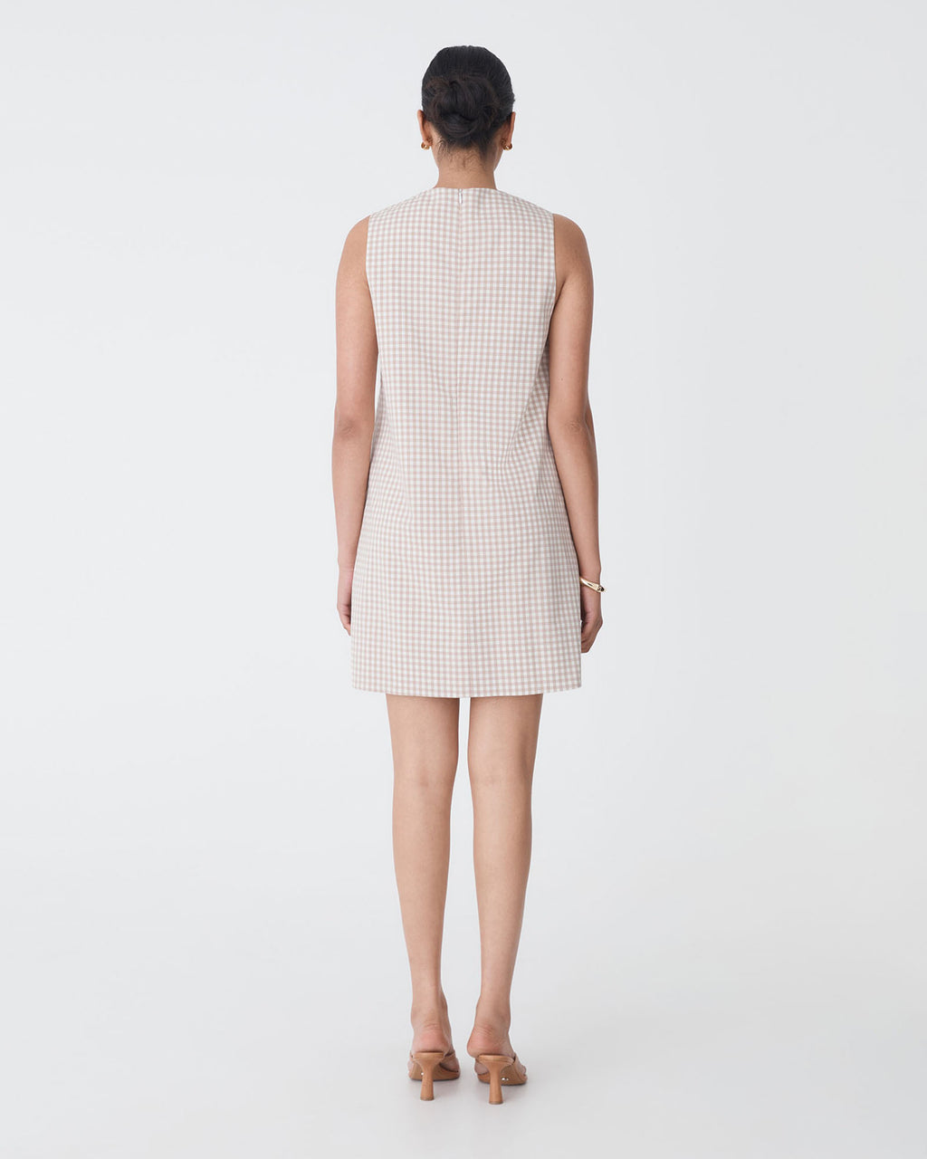 Koora Checked Mini Shift Dress in beige check — back view