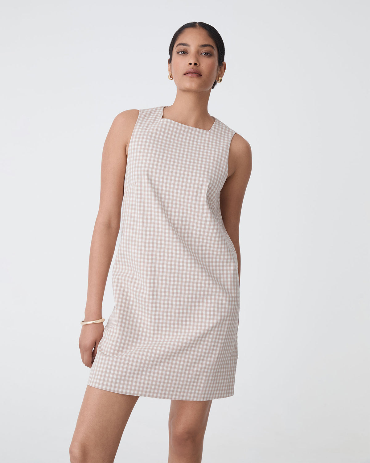 Koora Checked Mini Shift Dress in beige check — close-up view