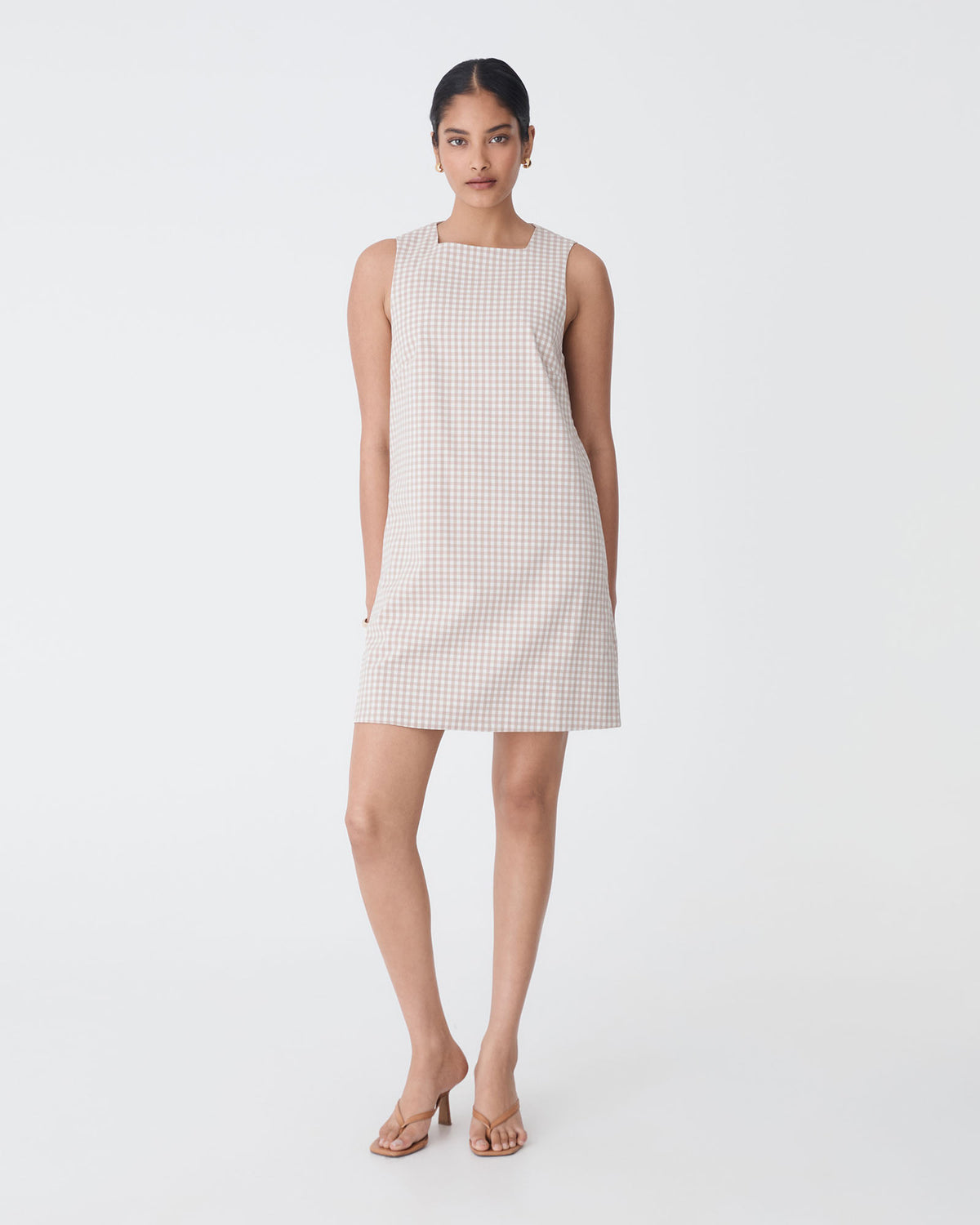 Koora Checked Mini Shift Dress in beige check — full-length view 2