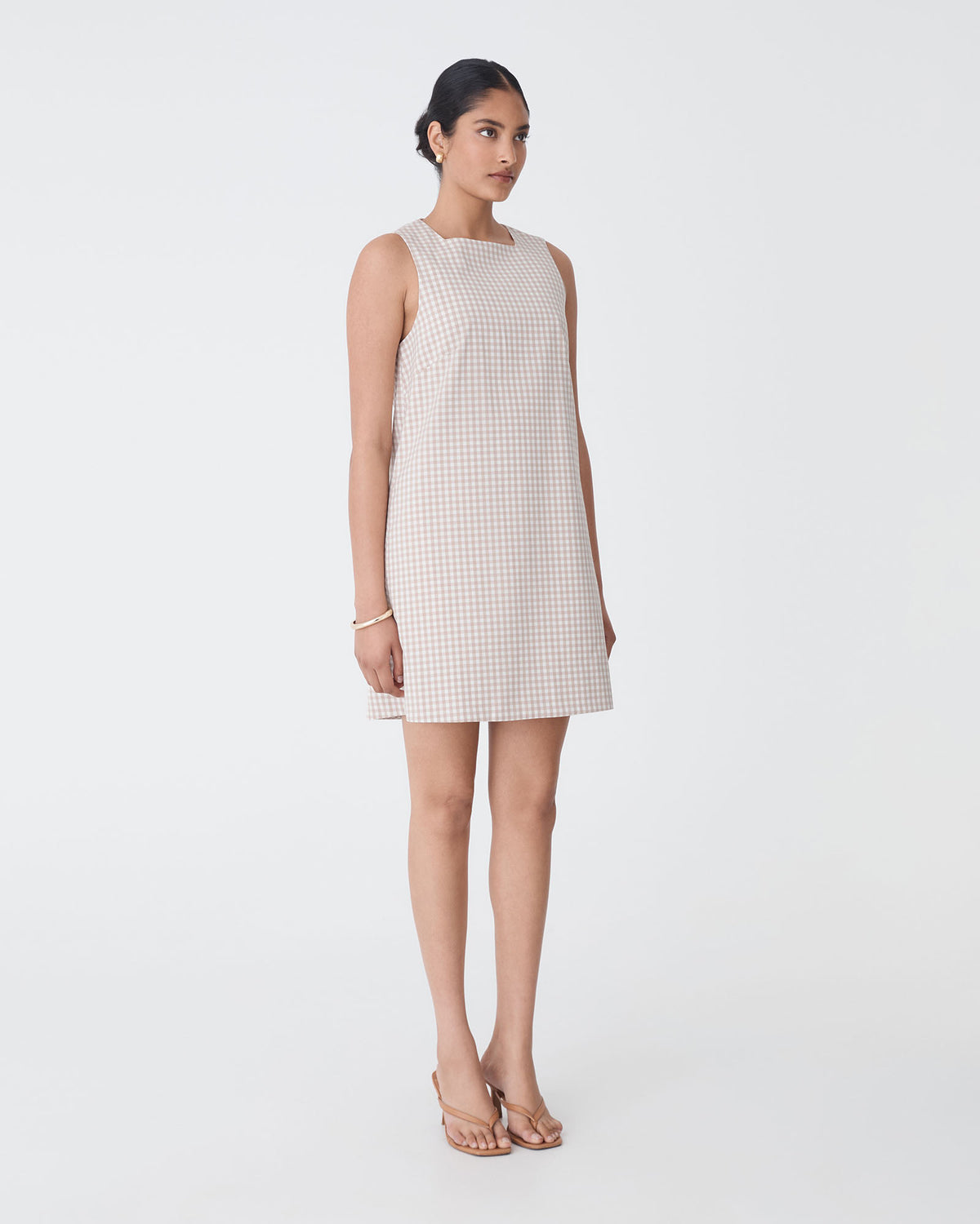 Koora Checked Mini Shift Dress in beige check — side view