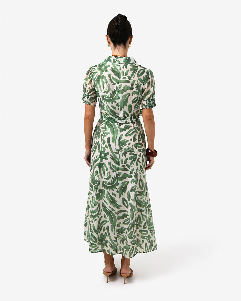 Tallulah Belted Shirt Dress in green floral — back view