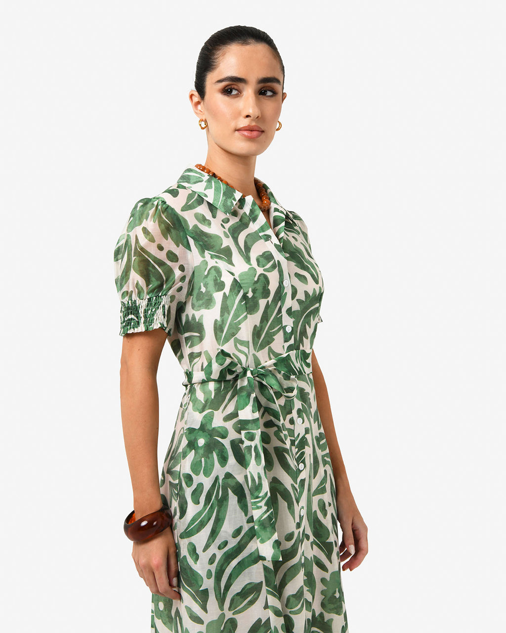 Tallulah Belted Shirt Dress in green floral — close-up view