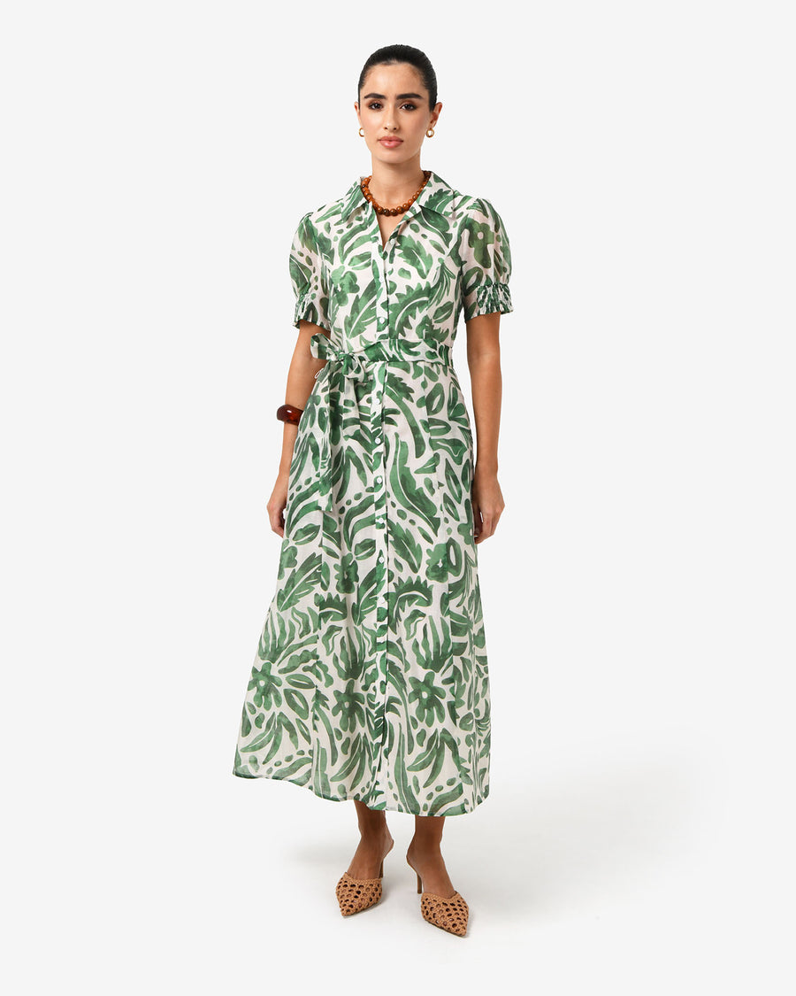 Tallulah Belted Shirt Dress in green floral — full-length view