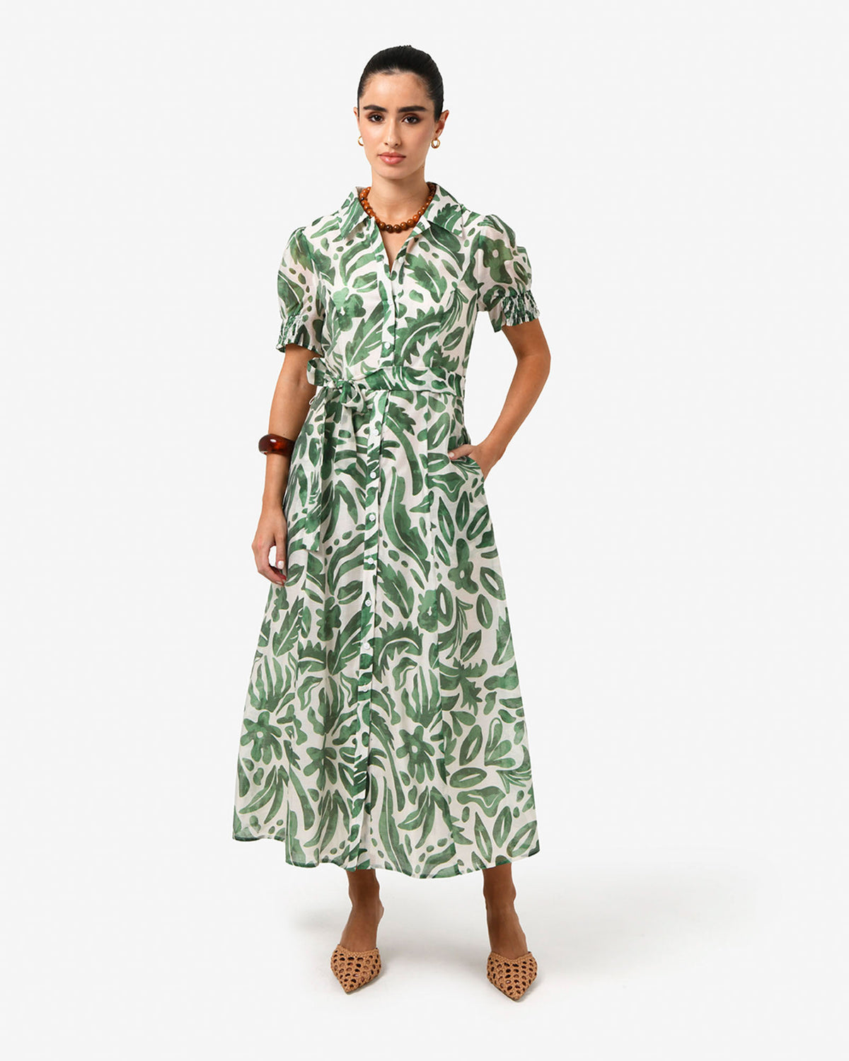Tallulah Belted Shirt Dress in green floral — full-length view 2