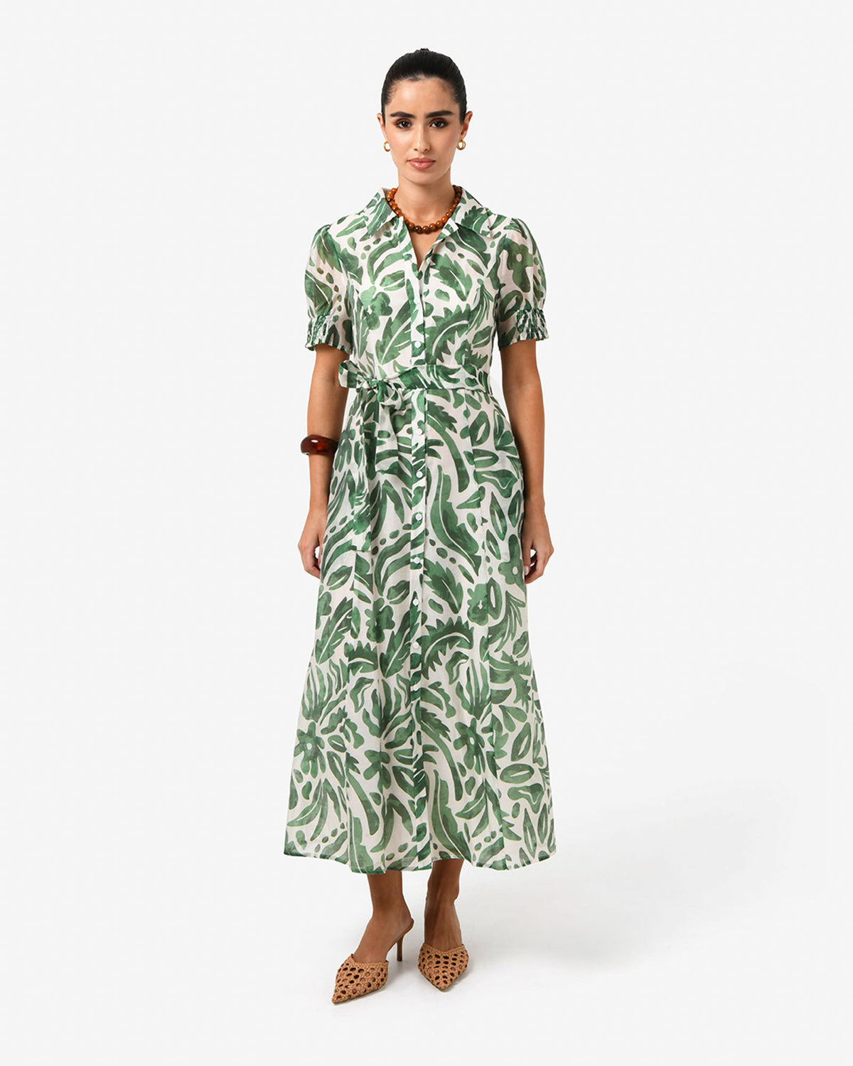 Tallulah Belted Shirt Dress in green floral — full-length view 3