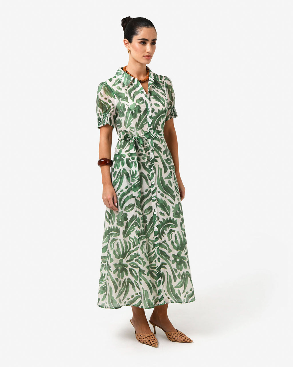 Tallulah Belted Shirt Dress in green floral — side view