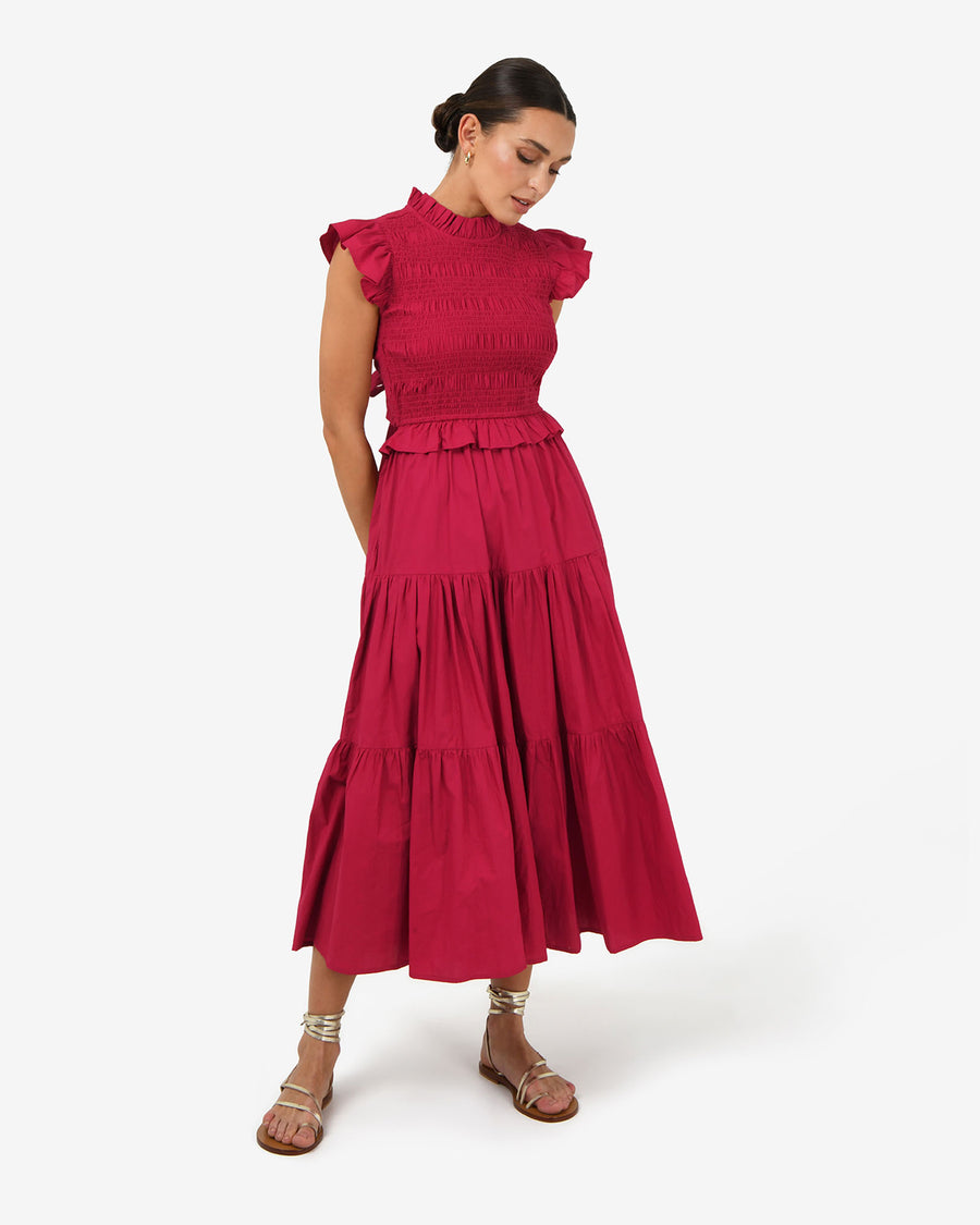 Gia Cotton Poplin Dress in crimson — full-length view