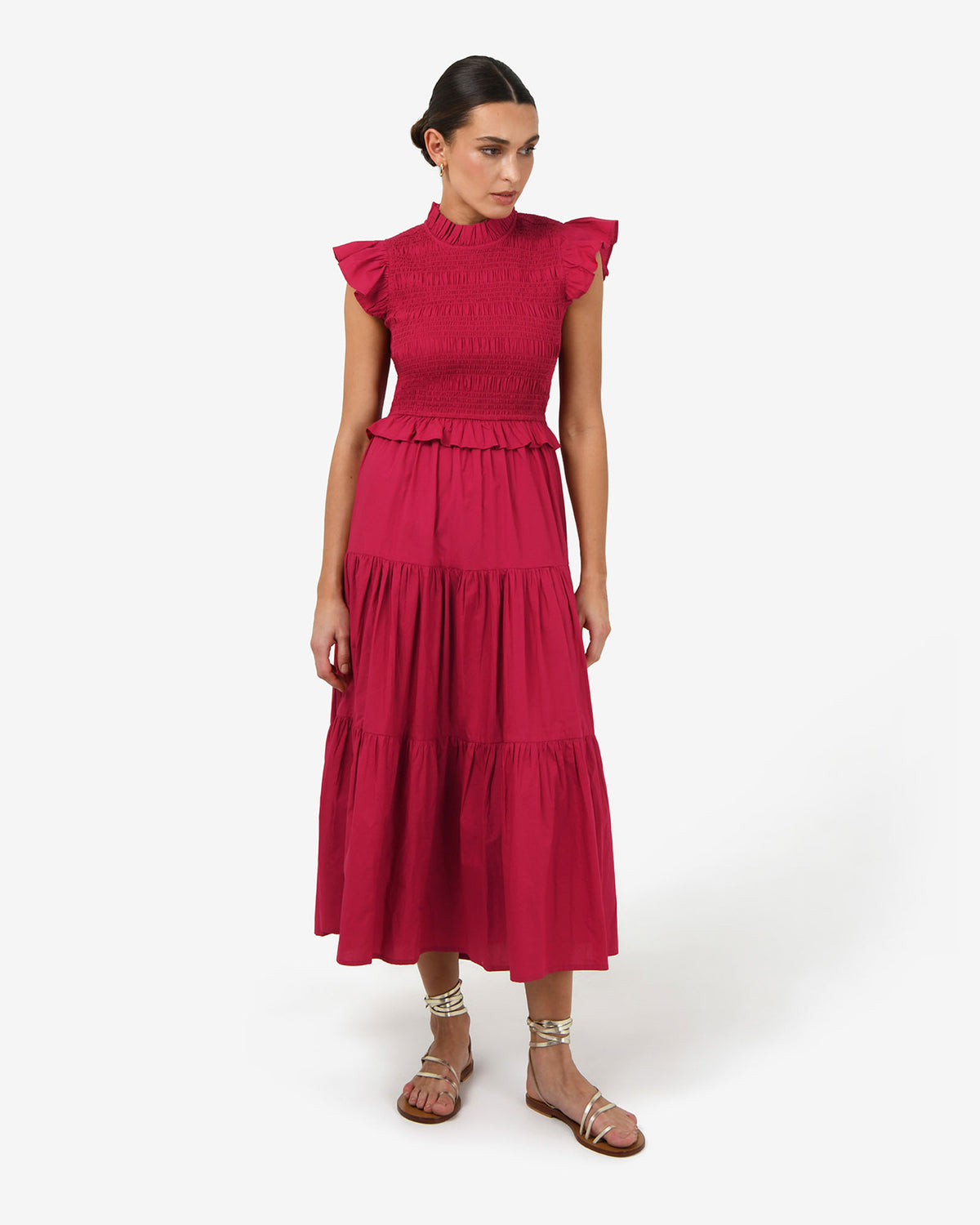 Gia Cotton Poplin Dress in crimson — full-length view 2