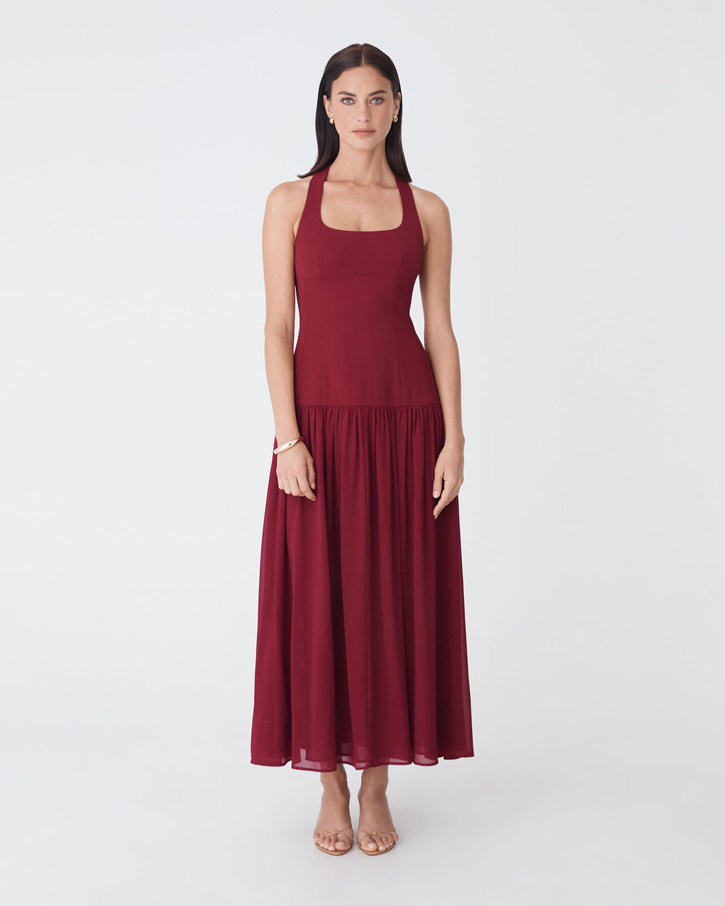 Selena Dropped Waist Dress in deep red — full-length view