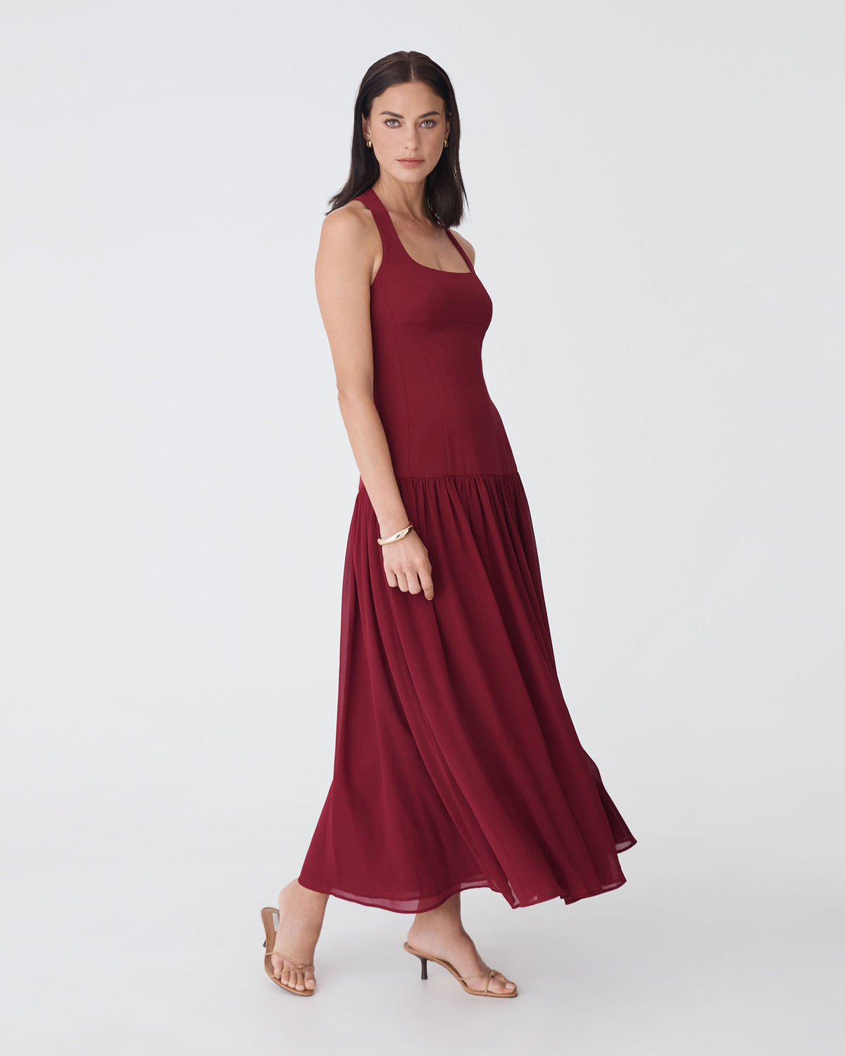 Selena Dropped Waist Dress in deep red — side view
