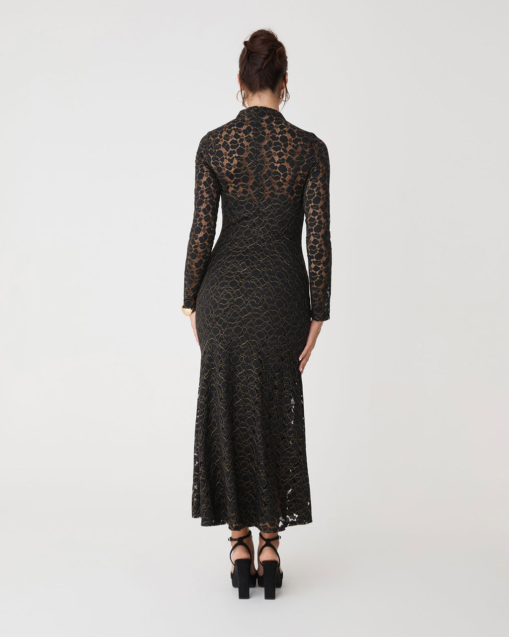 Romy Lace Ruched Dress in black — back view