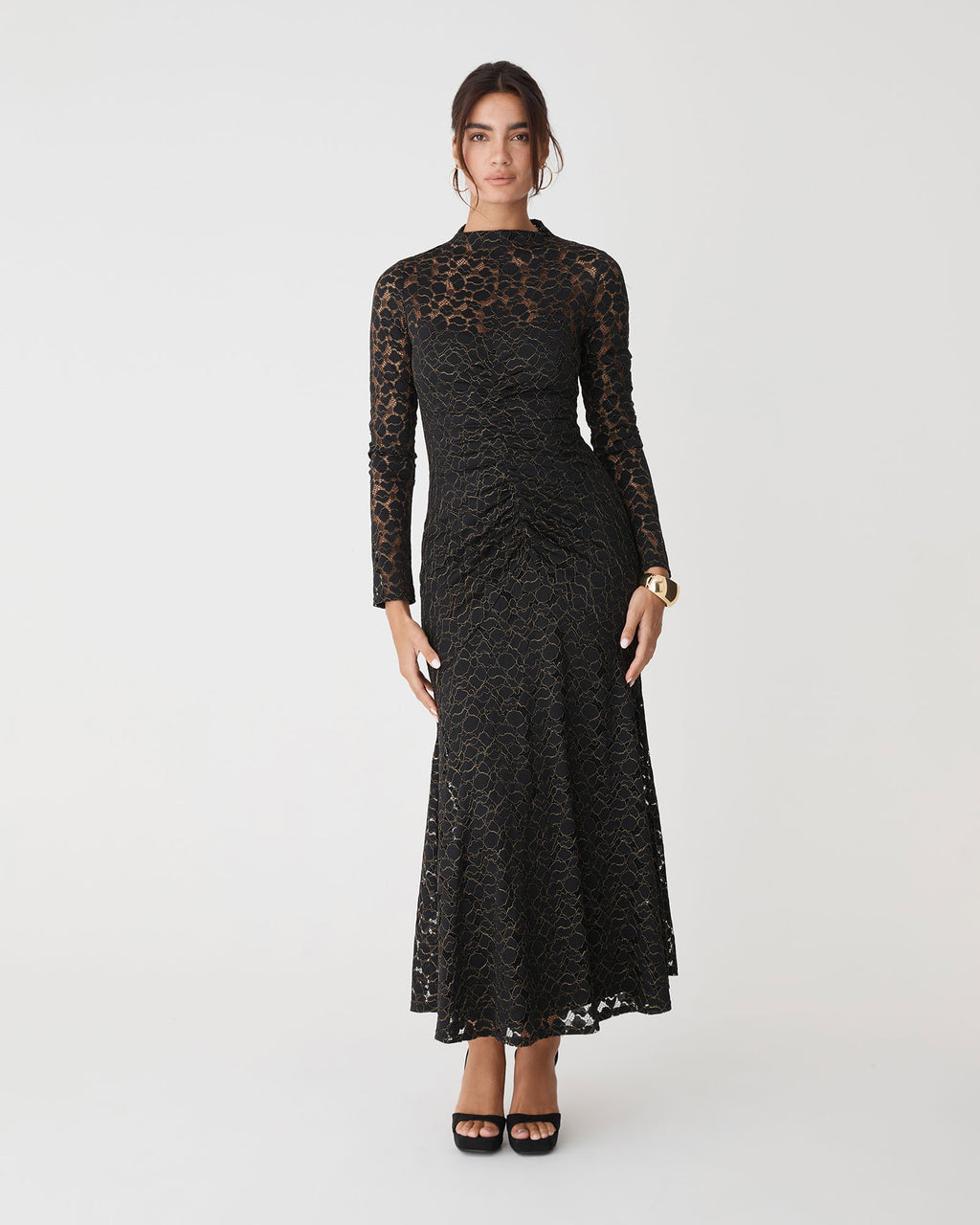 Romy Lace Ruched Dress in black — full-length view