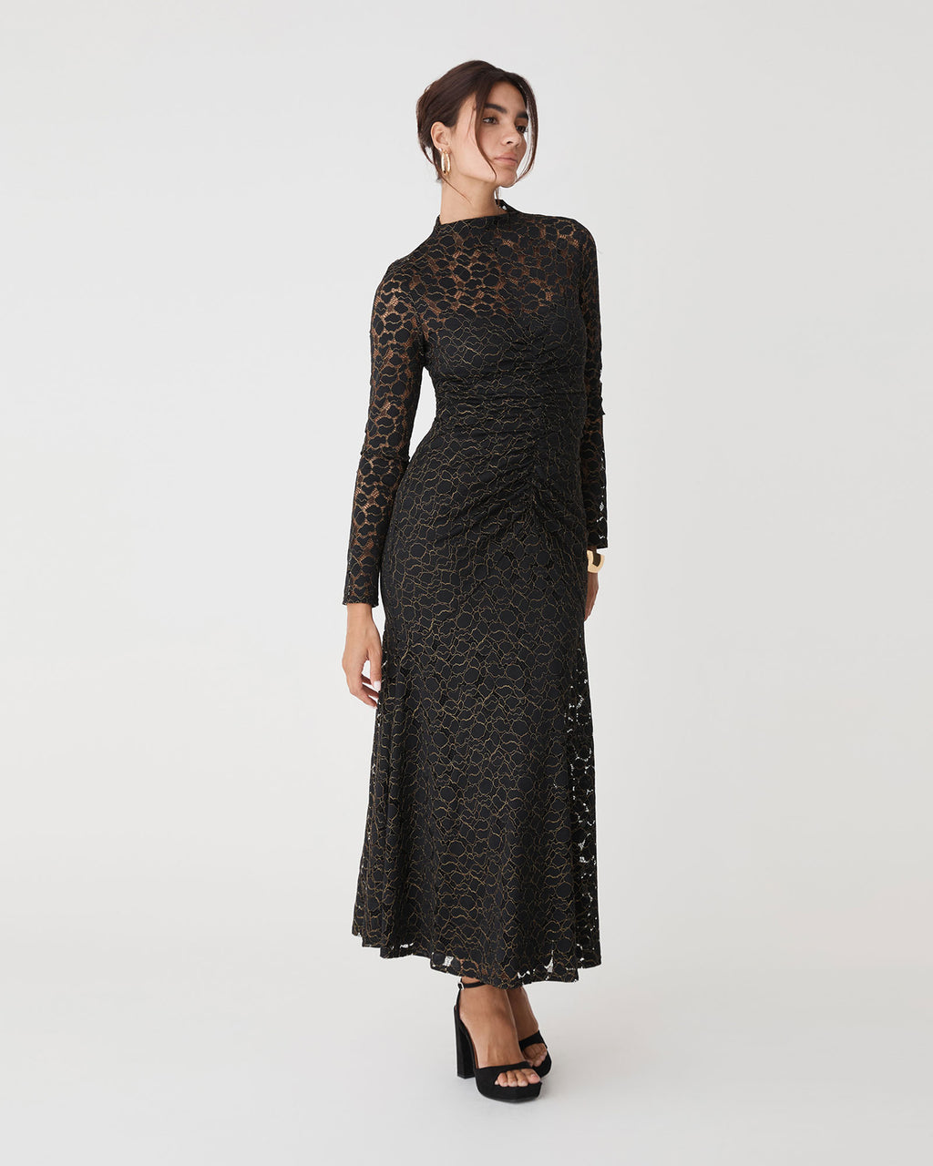 Romy Lace Ruched Dress in black — side view