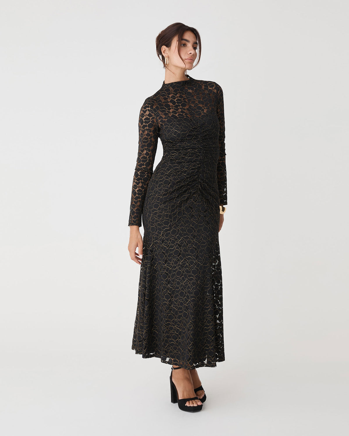 Romy Lace Ruched Dress in black — side view