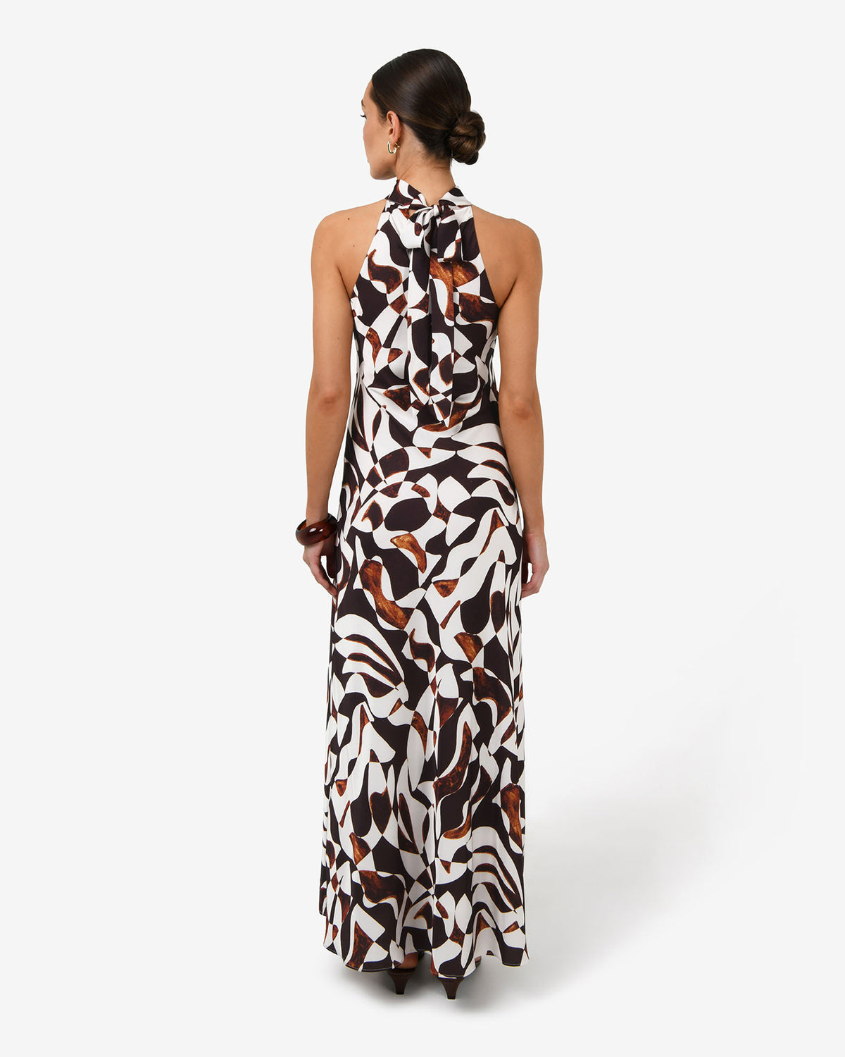 Hazel Printed Halter Dress in brown retro — back view 2