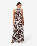 Hazel Printed Halter Dress in brown retro — full-length view