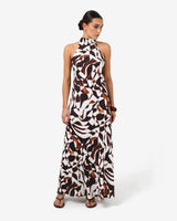 Hazel Printed Halter Dress in brown retro — full-length view