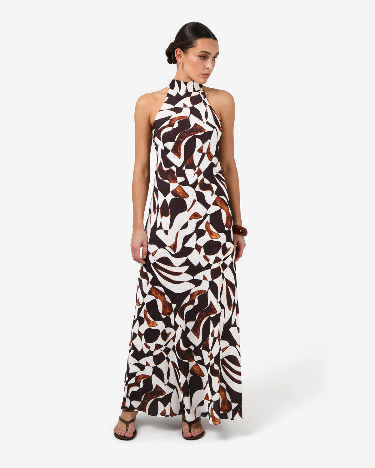 Hazel Printed Halter Dress in brown retro — full-length view