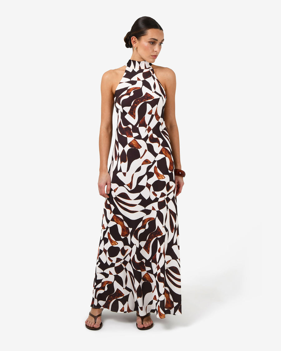 Hazel Printed Halter Dress in brown retro — full-length view
