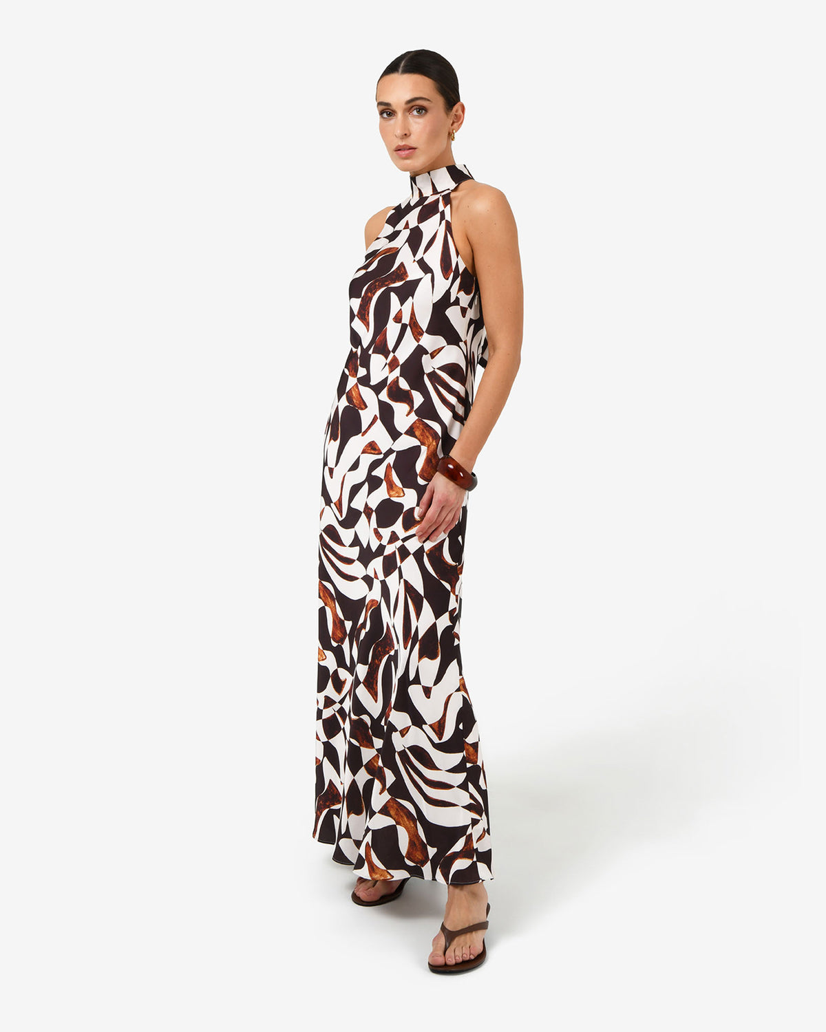 Hazel Printed Halter Dress in brown retro — side view